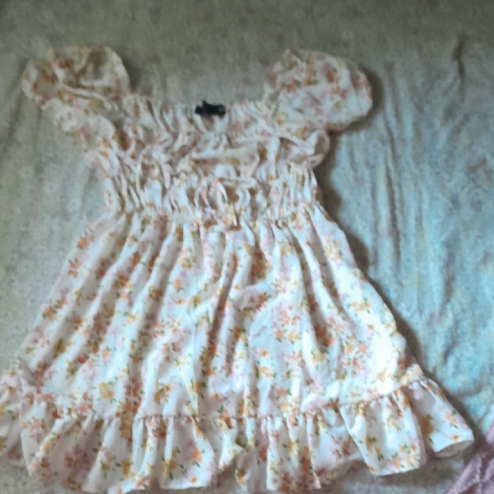 ASOS Floral Ruffle Mini Dress in Cream and Orange